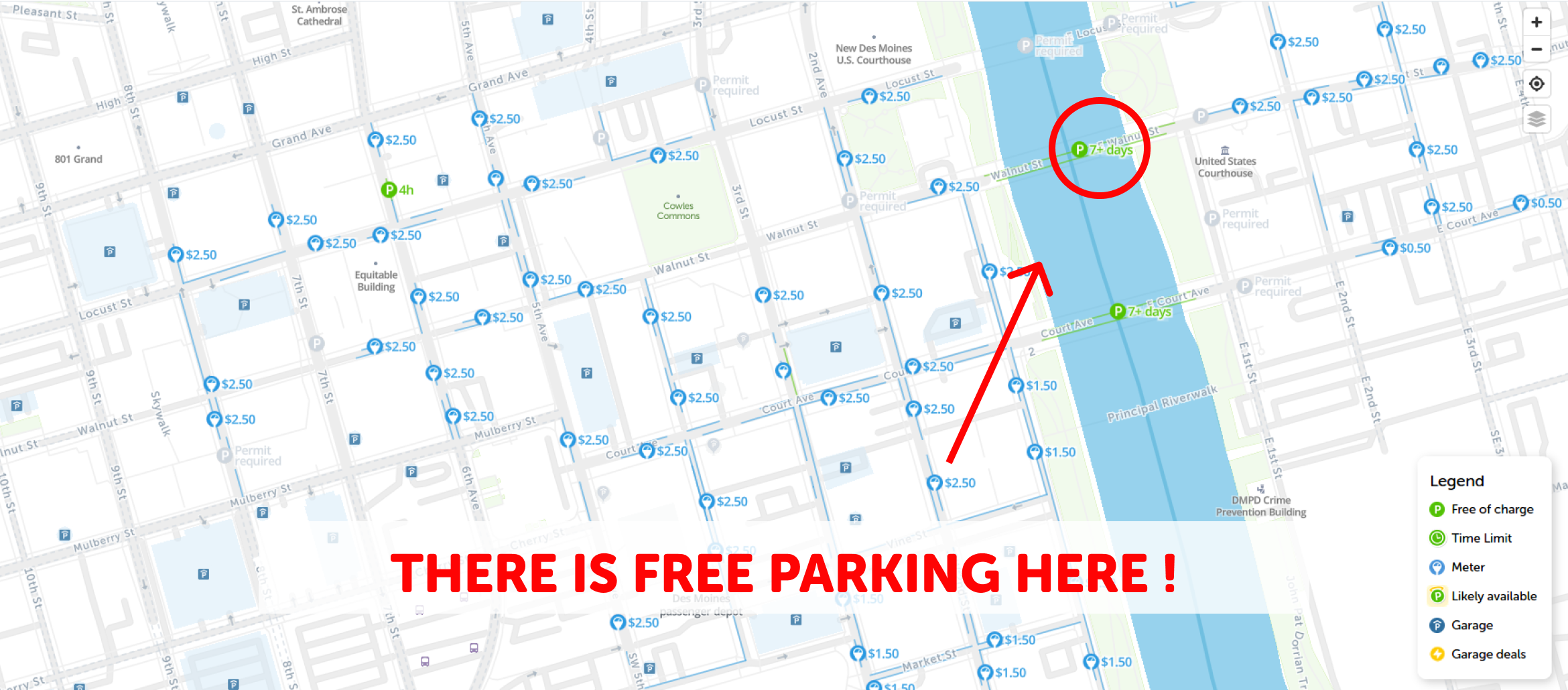 map of free parking in Des Moines - SpotAngels